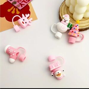 NWT 5 Pink Christmas Straw Toppers